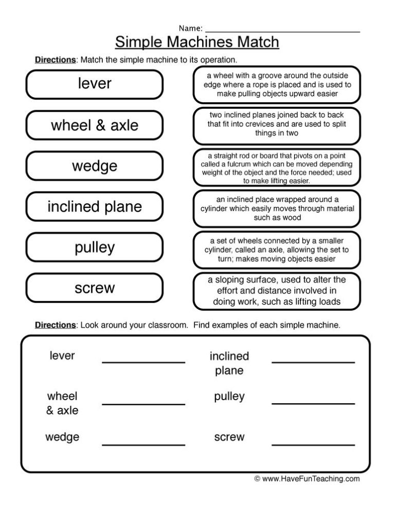 Simple Machines Worksheet Free