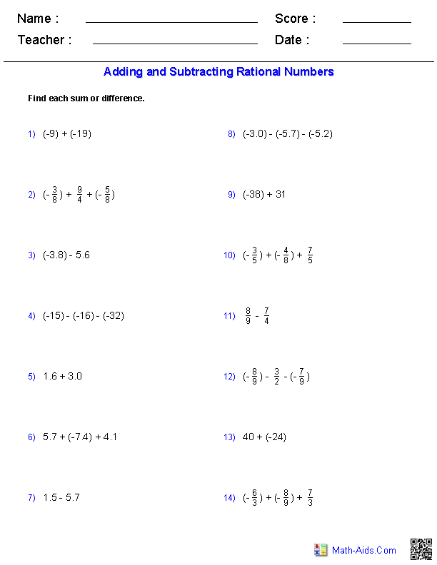 Rational Numbers Worksheet