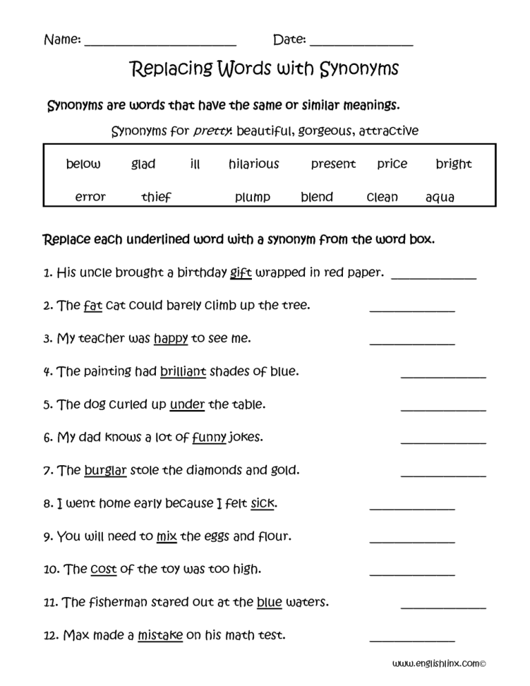 Opposites Worksheets Grade 5