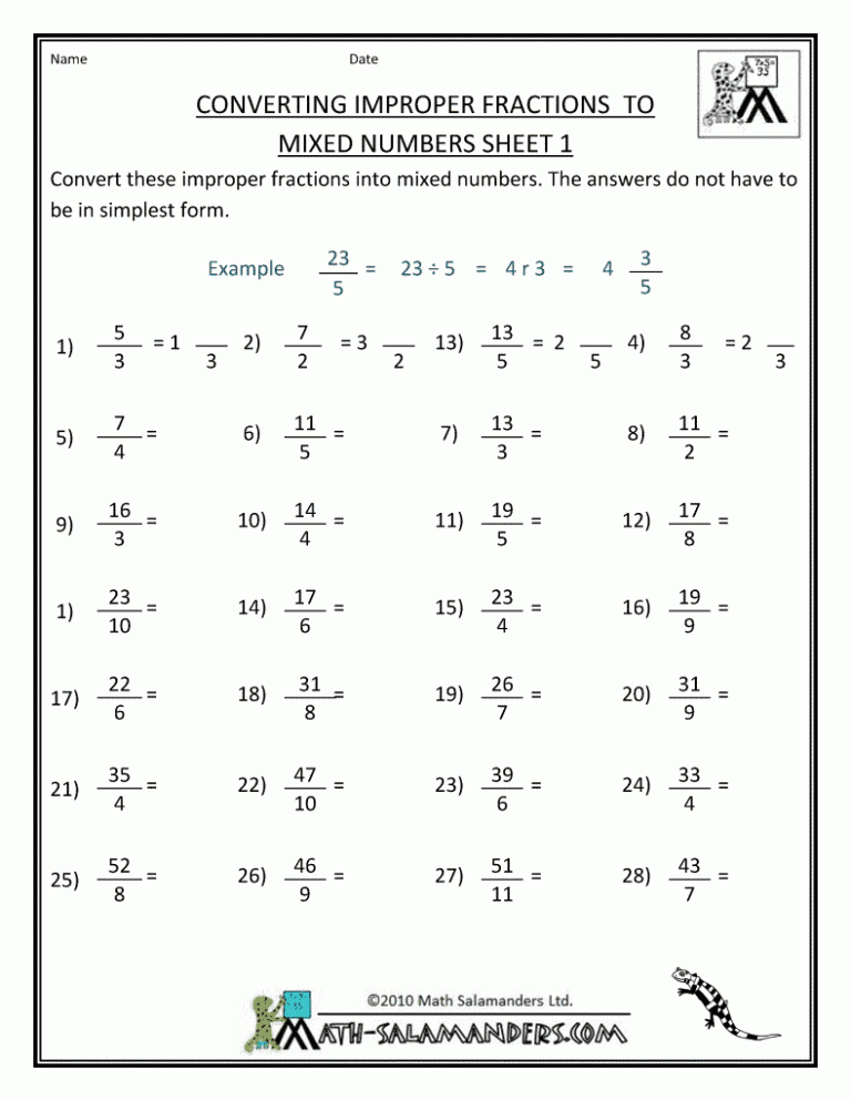 Multiplying Mixed Numbers Worksheet With Answer Key