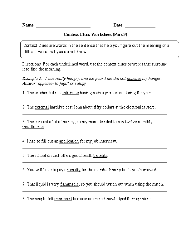 Types Of Context Clues Worksheet Pdf