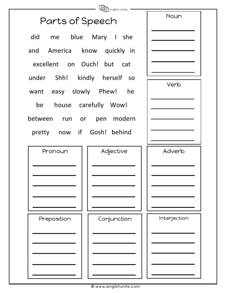 Part Of Speech Worksheet For Grade 4