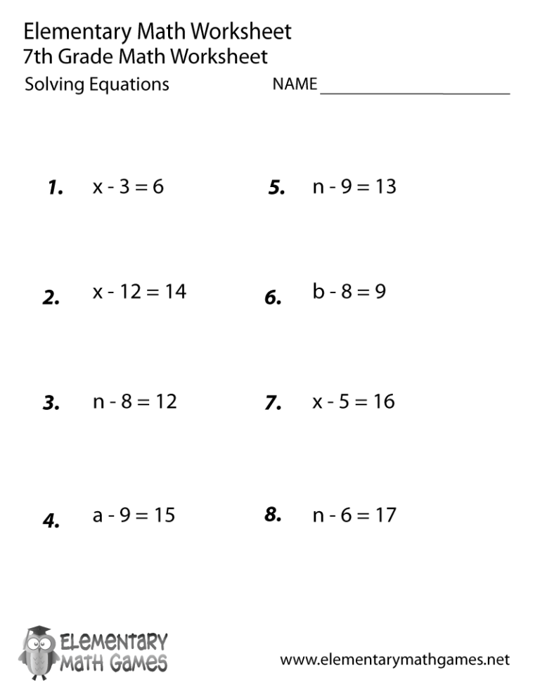 Simple Equations Worksheets Grade 7