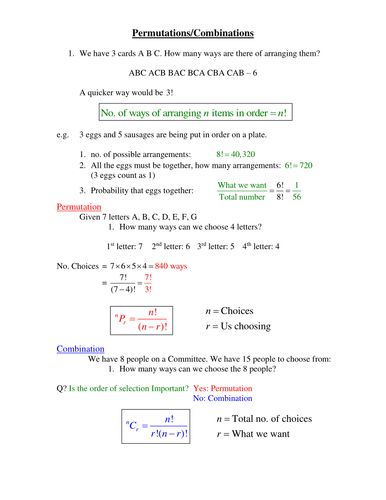 Probability Permutations And Combinations Worksheet With Answers