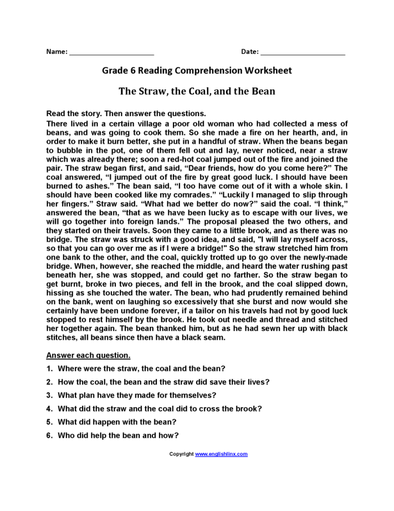 Year 6 Comprehension Worksheet