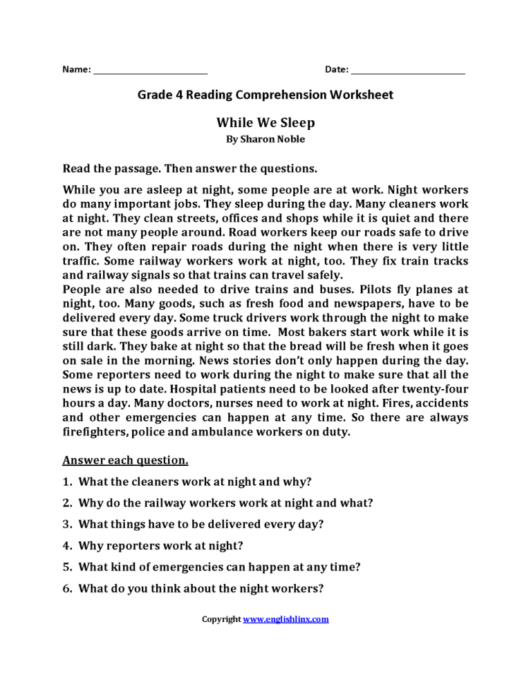 Comprehension For Class 4 With Answers