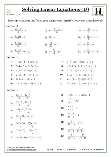 Grade 9 Math Worksheets Linear Equations