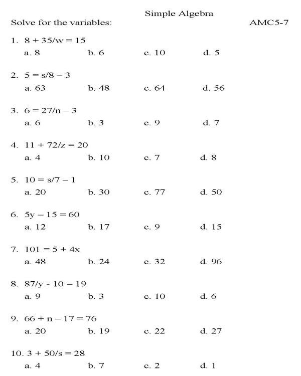 Basic Algebra Worksheets Year 7