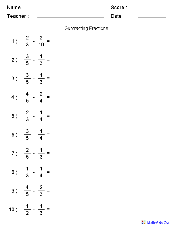 Printable Adding And Subtracting Fractions Worksheets Pdf