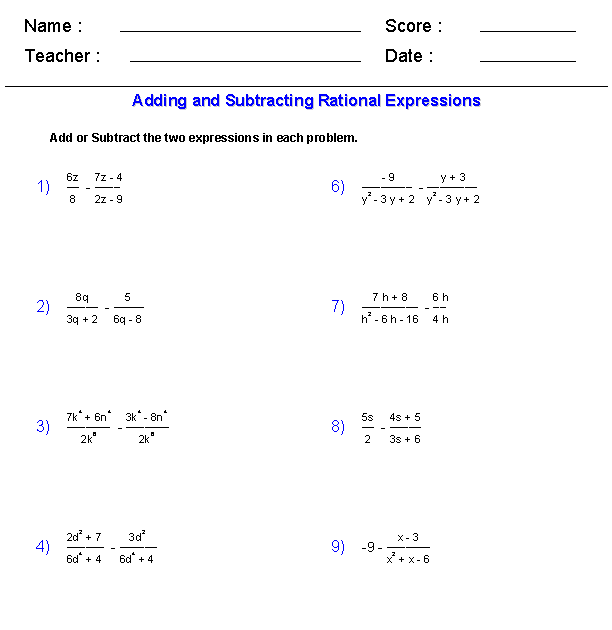 Adding And Subtracting Rational Expressions Worksheet Answers