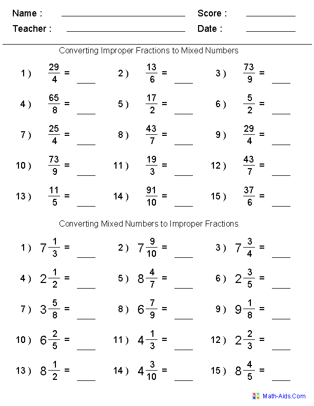 Mixed Fractions Worksheets