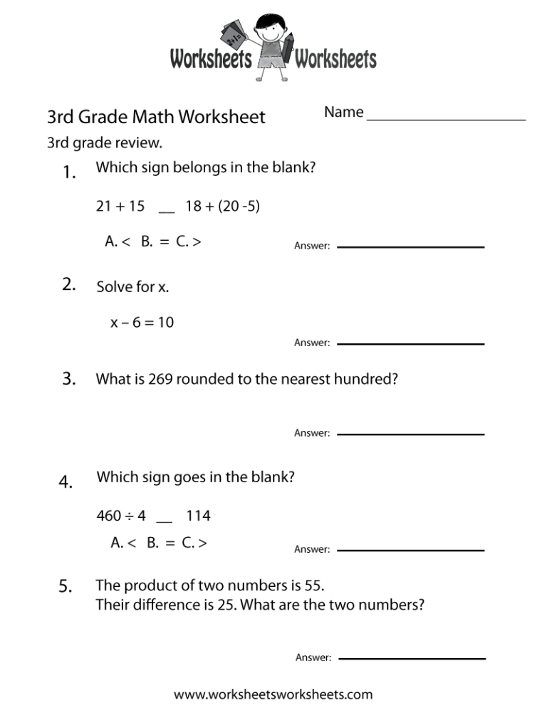 Math Problems For 3rd Graders Printable