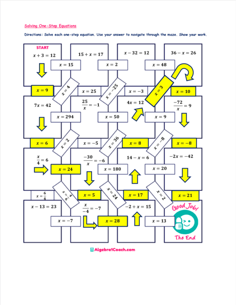 Two Step Equation Maze Answer Sheet