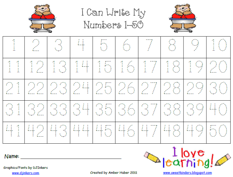 Number Tracing Worksheets 1-50