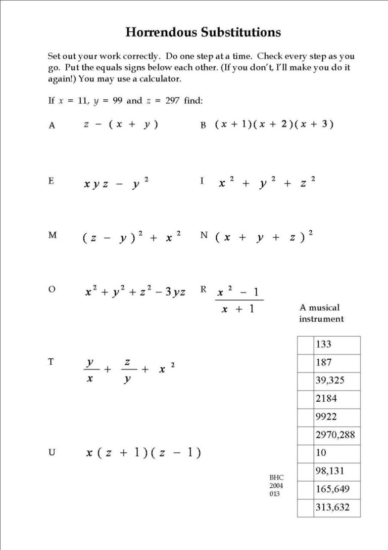 Substitution Worksheet