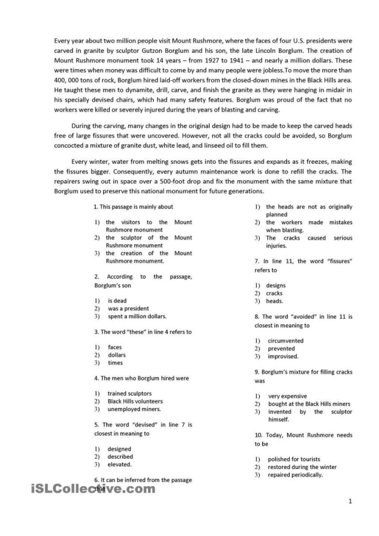 4th Grade Reading Comprehension Worksheets Multiple Choice With Answers