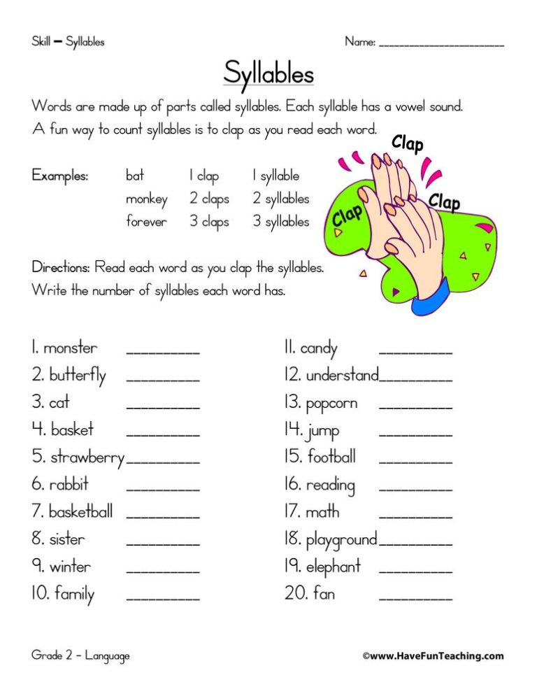 Syllables Worksheets For Grade 1