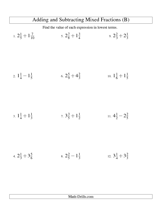 Math Drills Fractions Adding And Subtracting