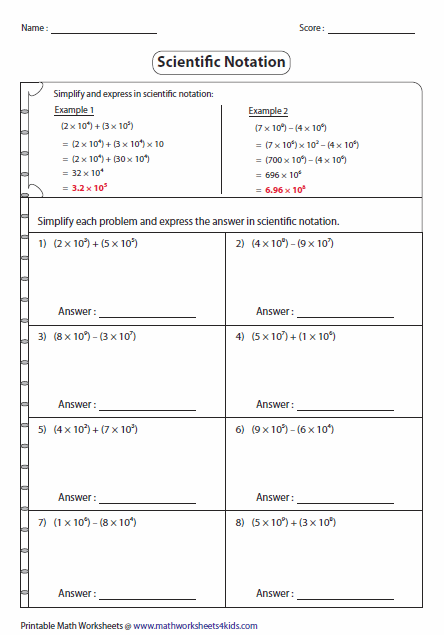 8th Grade Adding And Subtracting Scientific Notation Worksheet