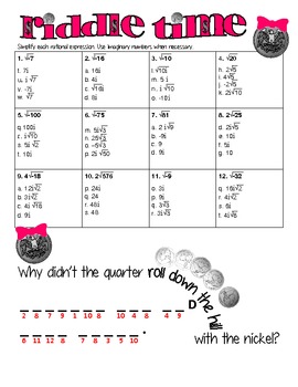 Simplifying Radicals/imaginary Numbers Worksheet