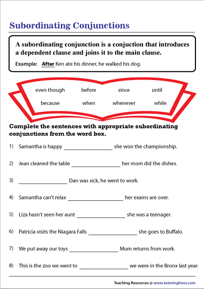 Subordinating Conjunctions Worksheet