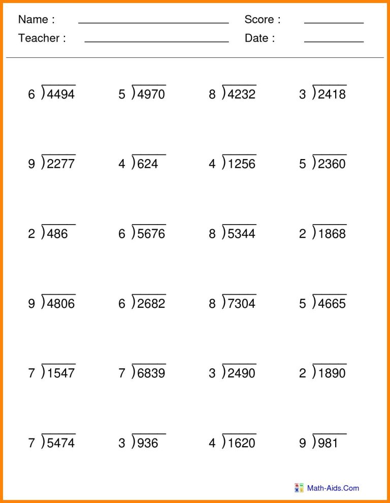 5th Grade Math Worksheets Division