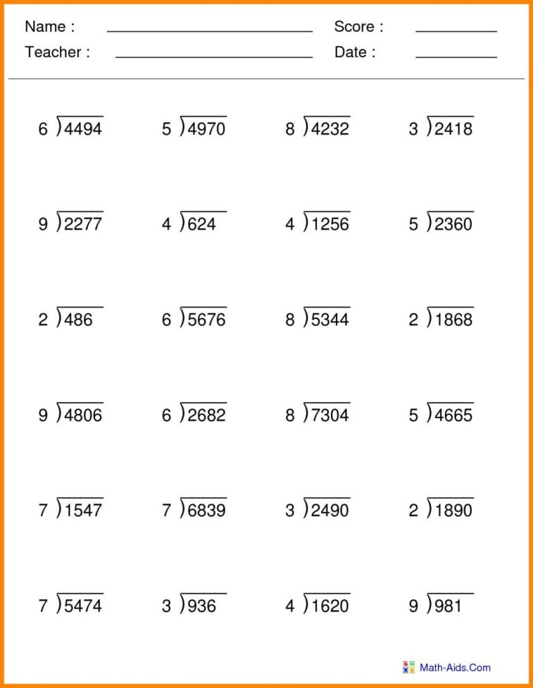 Division Math Problems For 5th Graders