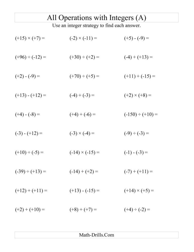 Integers Worksheet 7th Grade