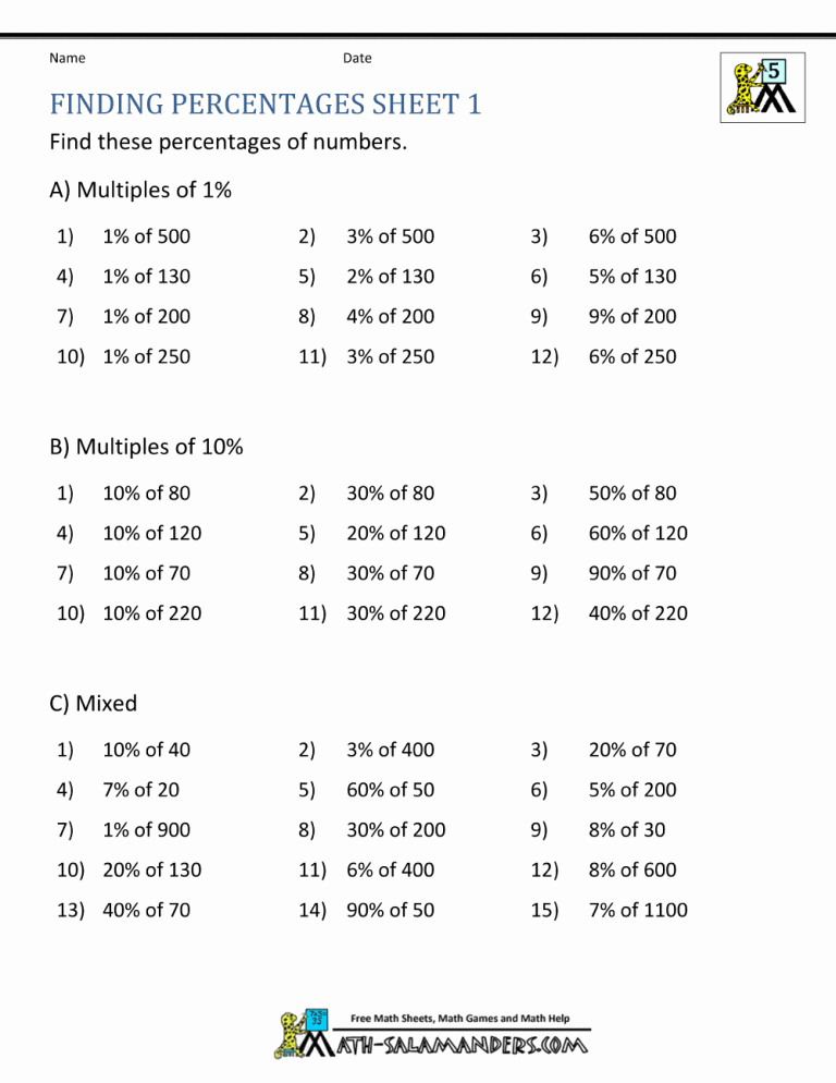 Finding Percent Of A Number Worksheet