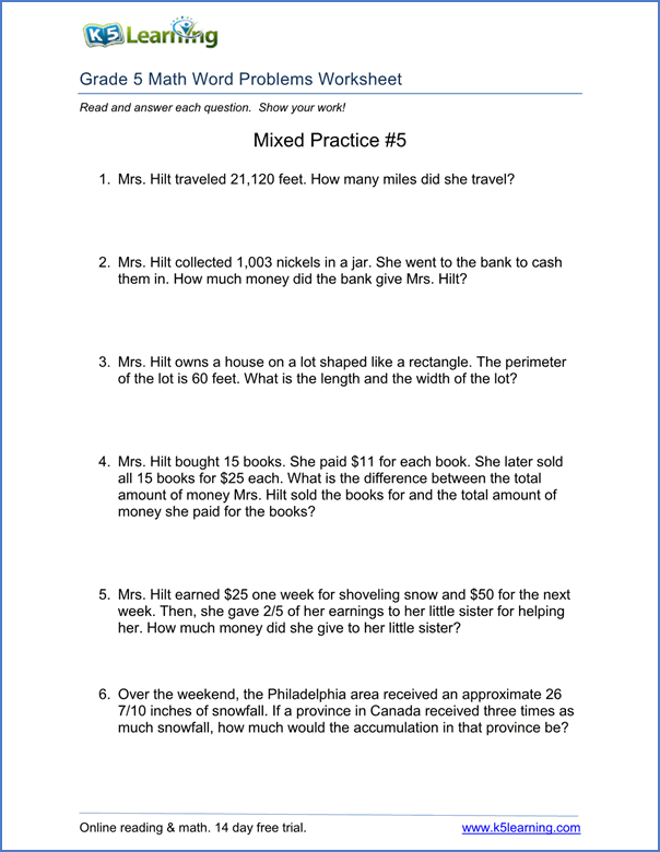 Math Word Problems Worksheets Grade 5