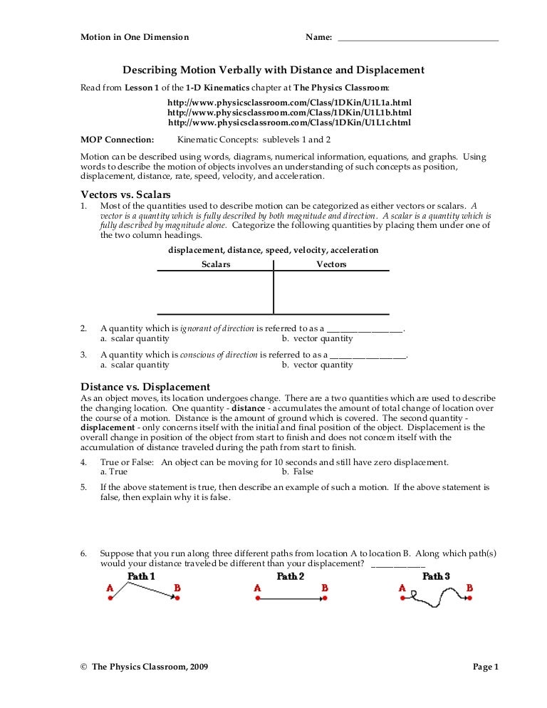 The Physics Classroom 2009 Motion In One Dimension Answer Key