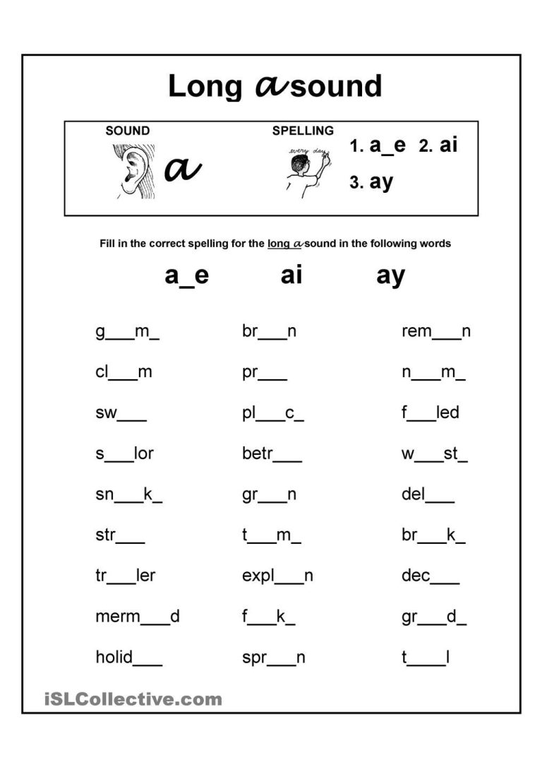 Printable Long A Sound Words Worksheet