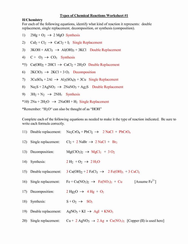 Chemical Reactions Worksheet