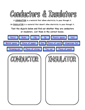 Conductors And Insulators Worksheets Grade 6