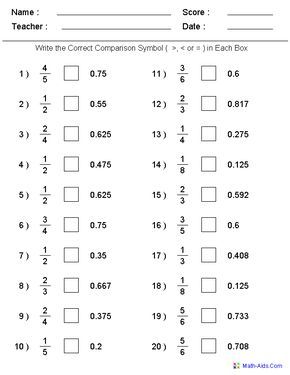 Comparing Decimals Worksheet