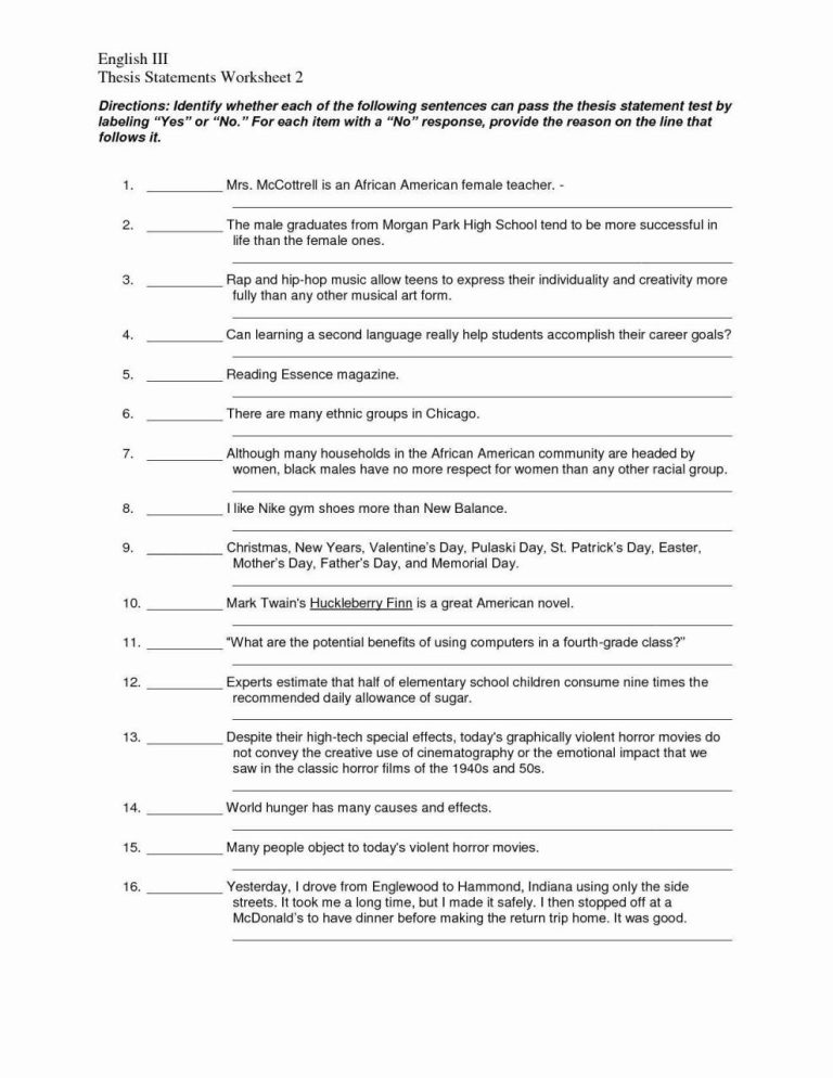 Thesis Statement Worksheets