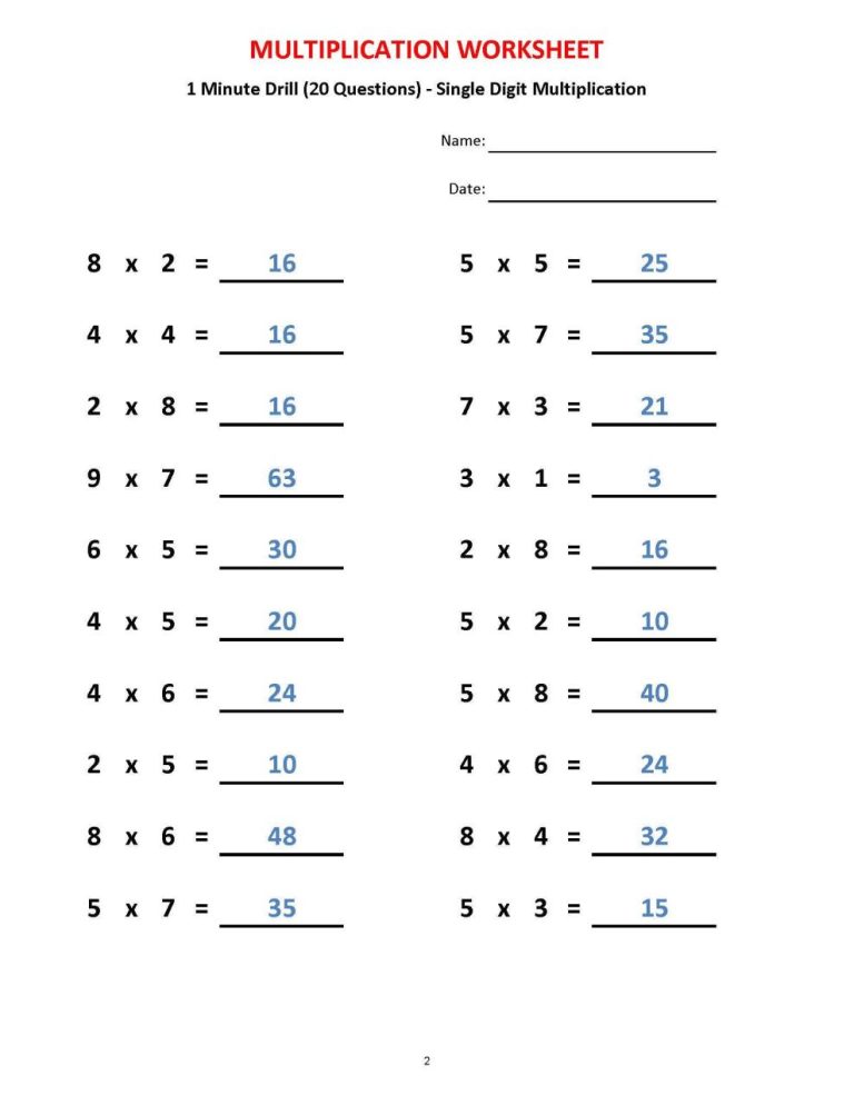 Basic Multiplication Worksheets Pdf