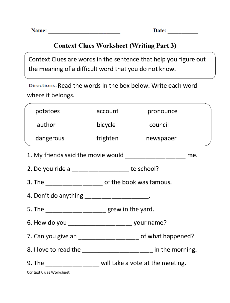 Fourth Grade Context Clues Worksheets Pdf