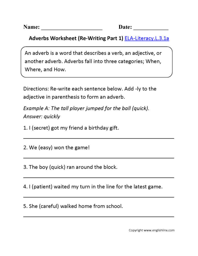 Adverbs Worksheet Grade 3