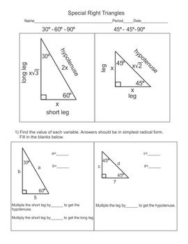 Special Right Triangles Worksheet Answer Key