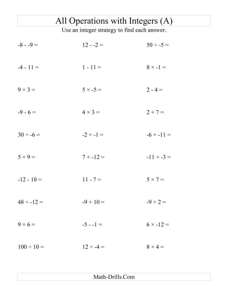 Multiplying Integers Worksheet Grade 6