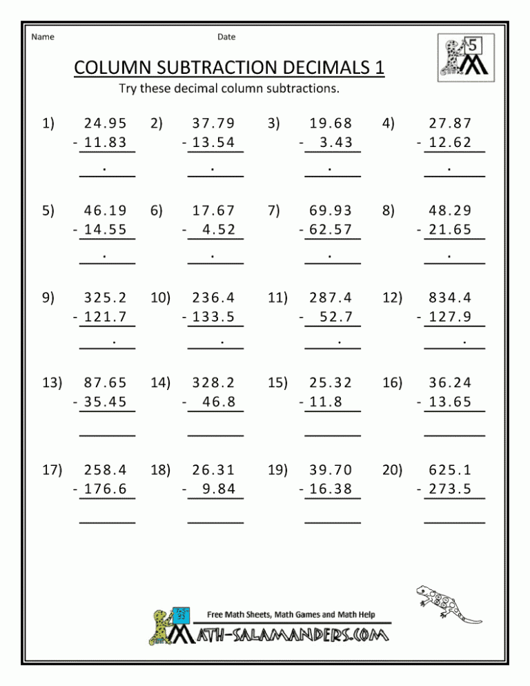 Subtracting Decimals Worksheet Grade 5