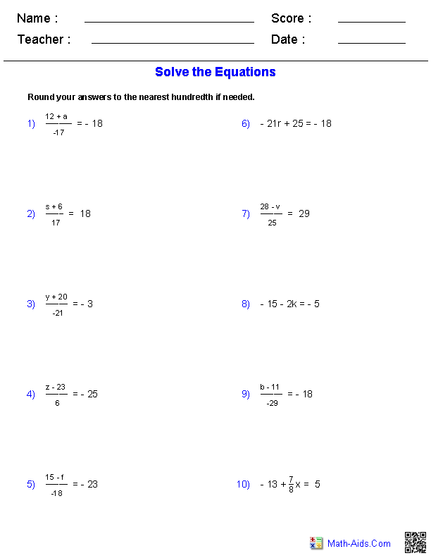 Simple Equations Worksheet Pdf