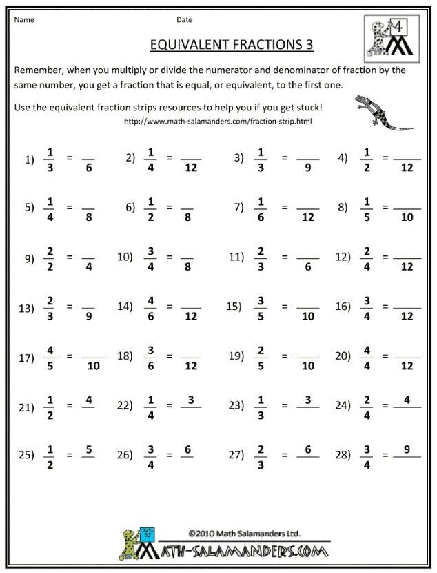 Equivalent Fractions Worksheet 6th Grade