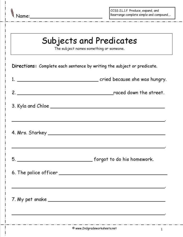 Subject And Predicate Worksheet 4th Grade