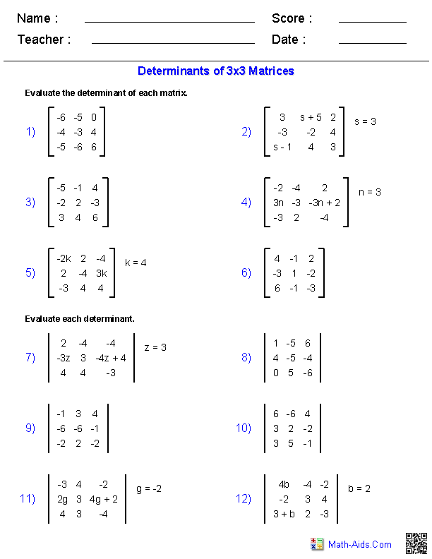 Matrix Multiplication Matrices Problems Worksheet