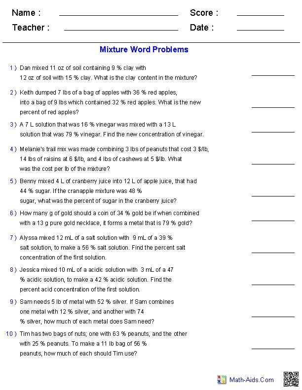 Math Aids Word Problems Algebra