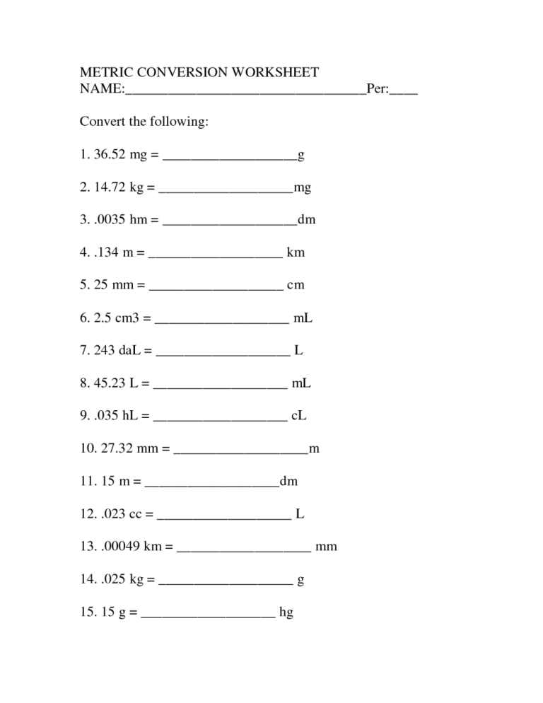 Unit Conversion Worksheet Answers