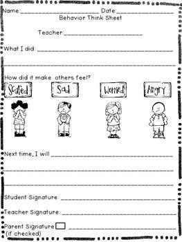 Reflection Sheet For Behavior