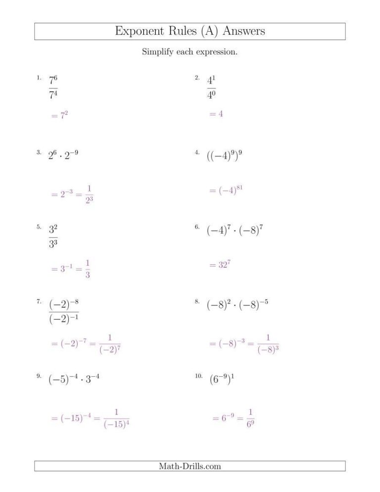 Exponent Rules Worksheet Answers